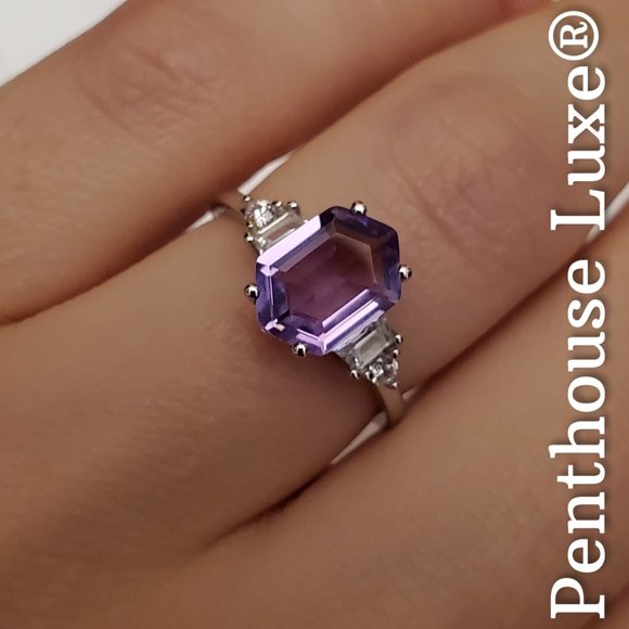 SOLID 925 Sterling Silver Purple Amethyst Elongated Hexagon Cut Ring - Picture 5 of 6